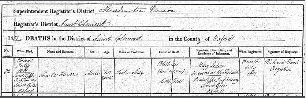 Harris death certificate showing date 3rd of July 1851 and cause of death
