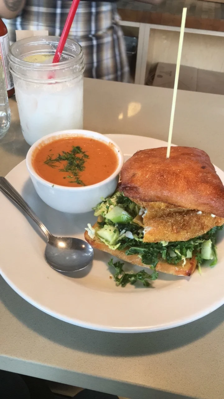 Fried Catfish Sammy with Tomato Soup at Skillet