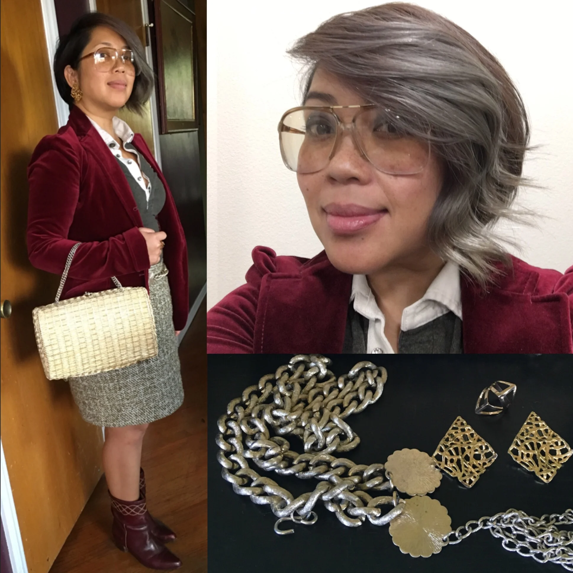 I'm having a great grey hair day! Incorporated a grey rhinestone button up with a burgundy velvet suit jacket, gold accessories, and my mom's vintage burgundy boots for some brightness. 