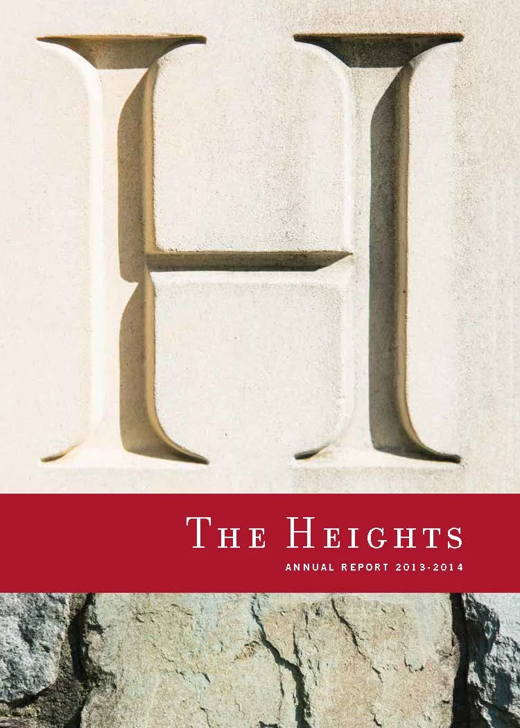 The Heights School annual report using details of entrance sign as visual/metaphorical theme