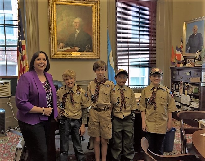 Mayor Driscoll along with scouts Darwin, Colin, Azriel and Gabrial.