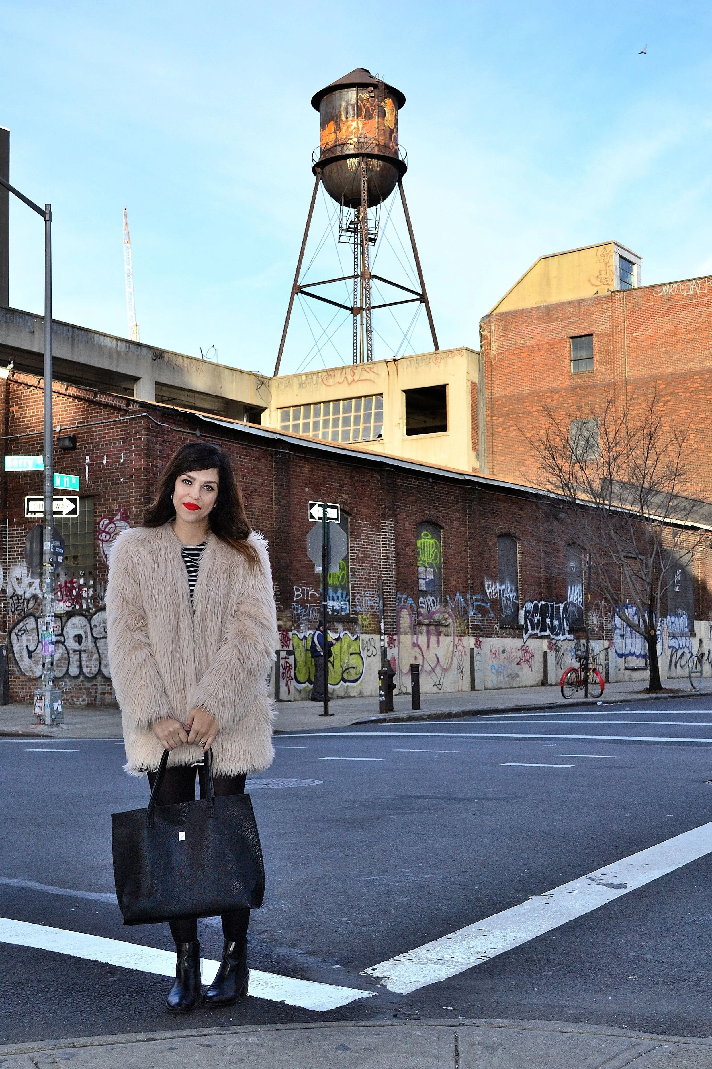 dress: H&M bought secondhand at Crossroads Trading Co. , tote bag: Brooklyn Industries , coat: H&M, tights: H&M , booties: Zara , earrings: gift, red lipstick: Sephora