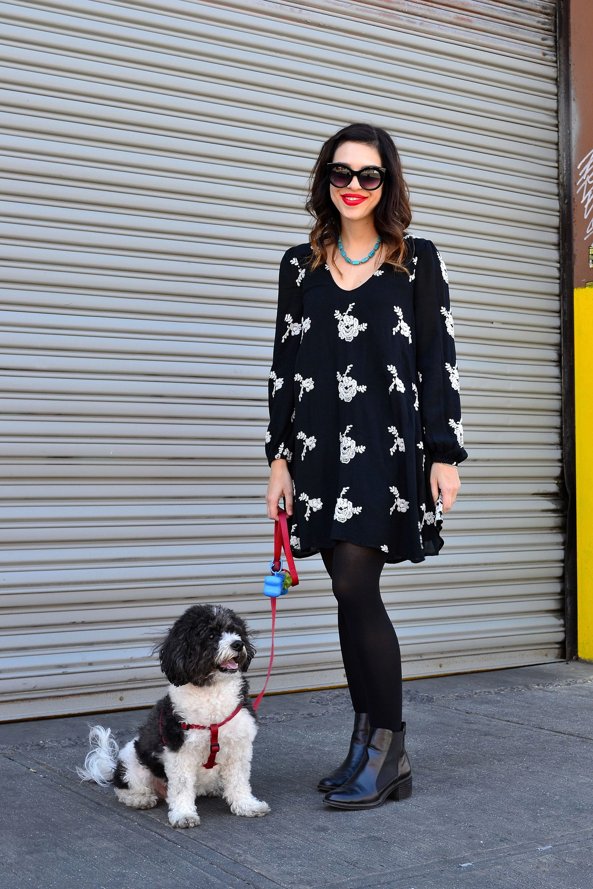 dress: Free People / tights: H&M / sunglasses: Urban Outfitters / booties: Zara (similar) / necklace: gift