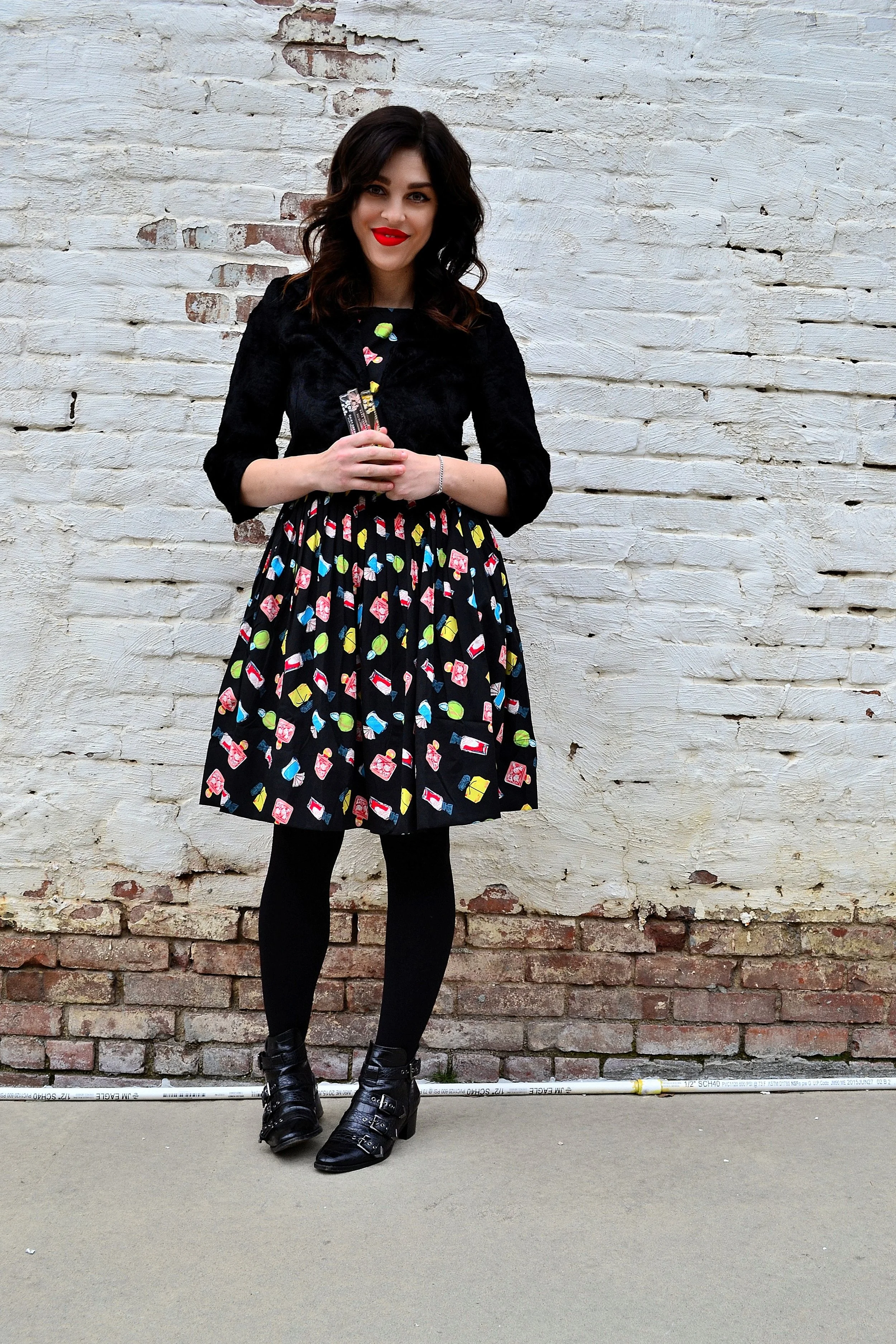 perfume bottle print dress- Emily and Fin from ModCloth, faux fur jacket- H&M, fleece lined tights- Anne Klein, booties- Design Lab from Lord & Taylor, perfume- Marc Jacobs Daisy Rollerball Trio available at Sephora