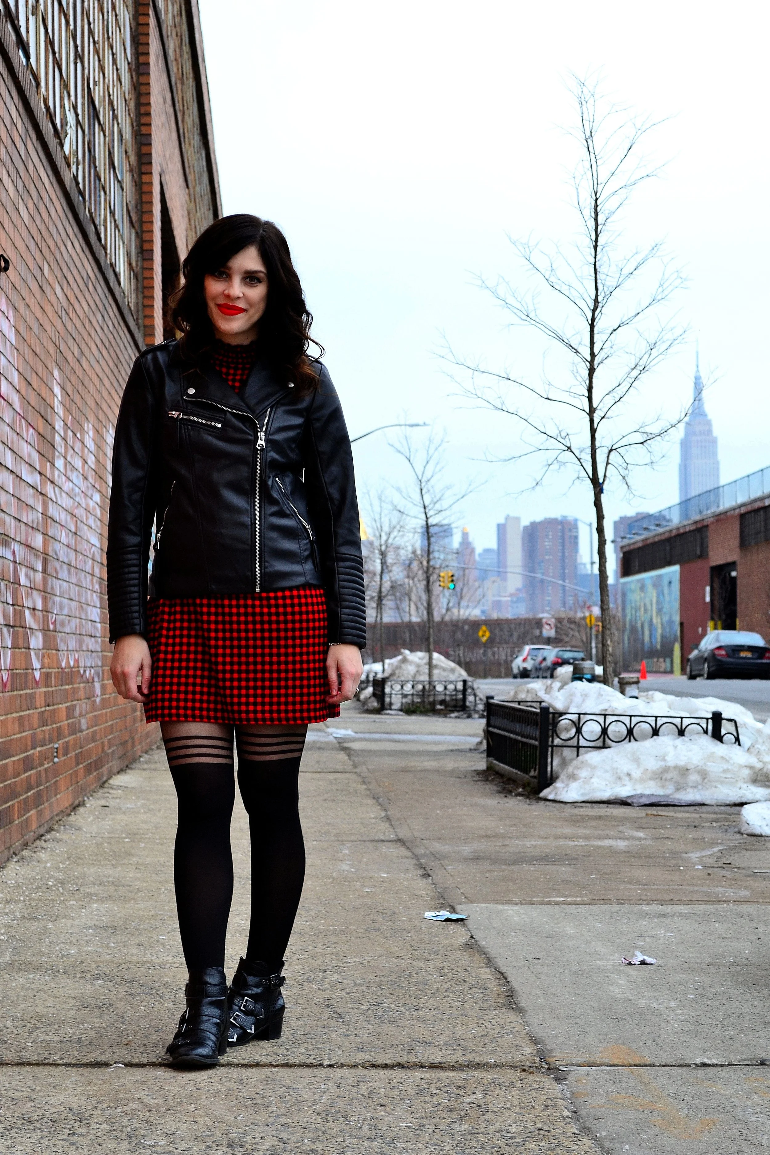 faux leather jacket: H&M, plaid dress: Zara, tights: ASOS, booties: Design Lab from Lord & Taylor