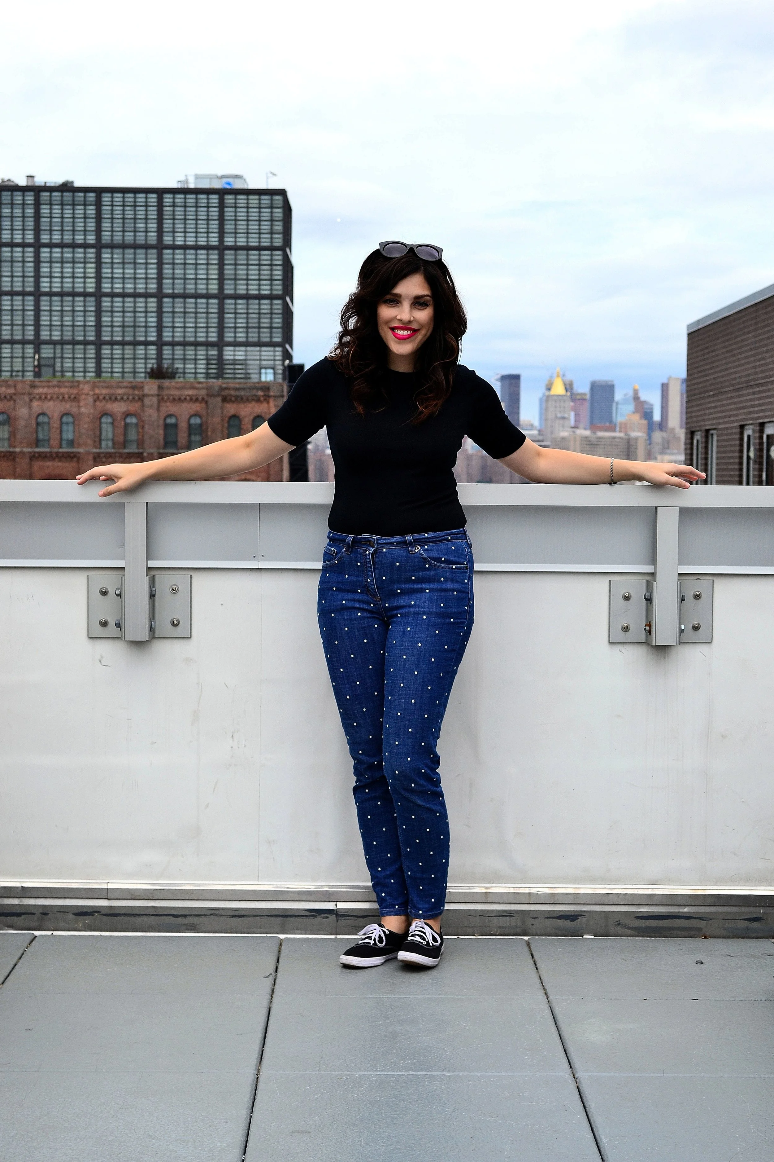 t-shirt- Gap , polka dot jeans- Boden, sunglasses- Urban Outfitters, sneakers- Keds