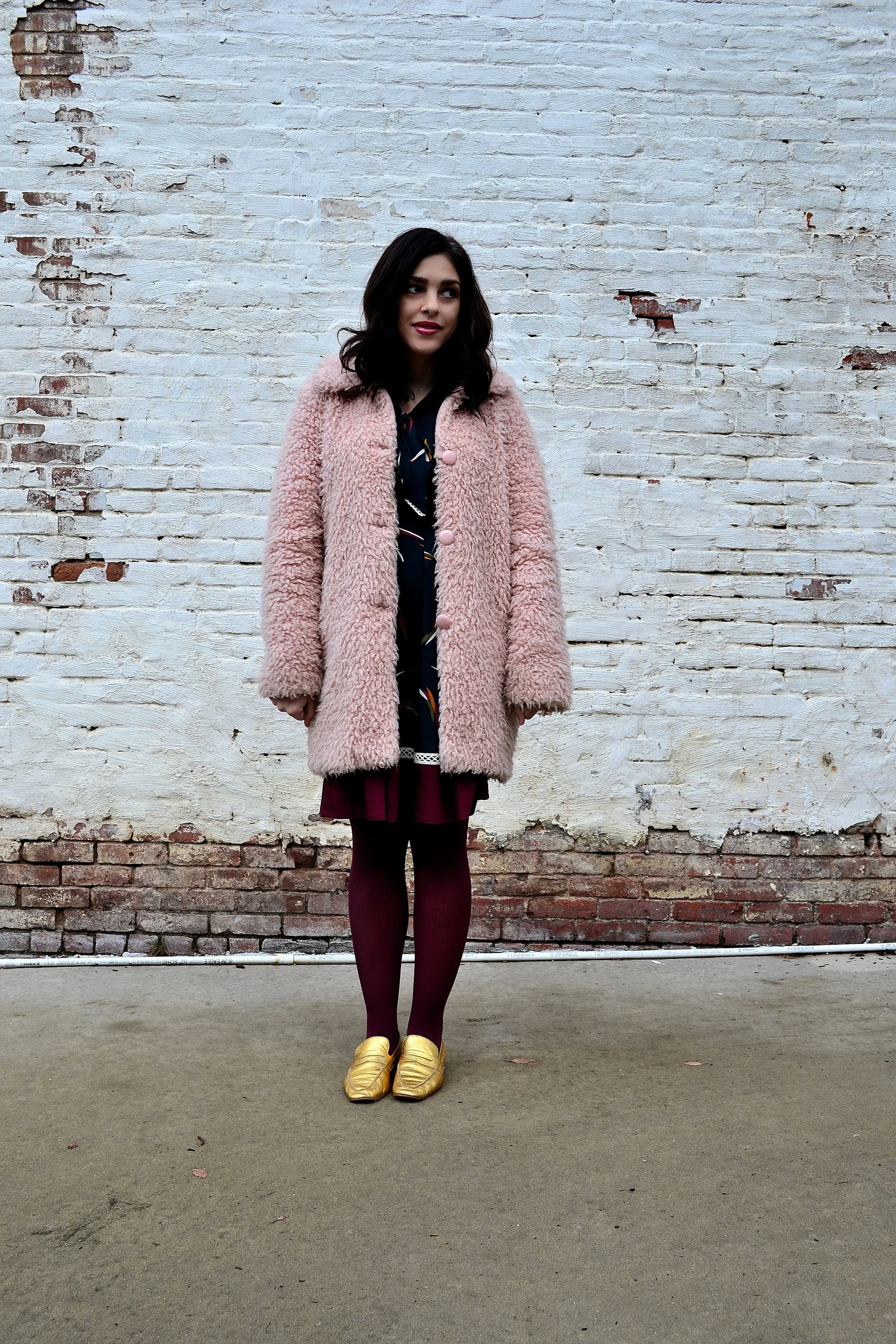 teddy bear coat- Warehouse (bought from Keiko Lynn 's closet sale), dress- Miss Patina available at ModCloth , tights- Express, loafers- c/o LF/LIFE