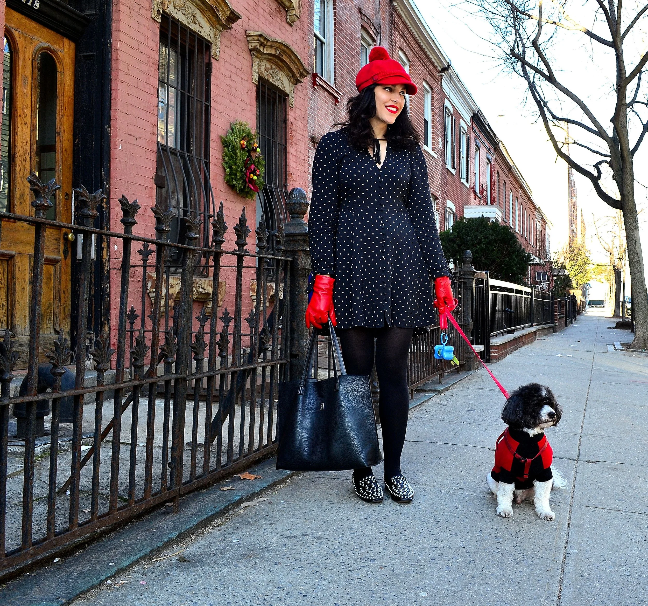 polka dot dress- Express , tights- ASOS, studded loafers- Zara, tote bag- Brooklyn Industries (similar but in different colors) , pom pom hat- Grace Hats, gloves- Adrienne Vittadini