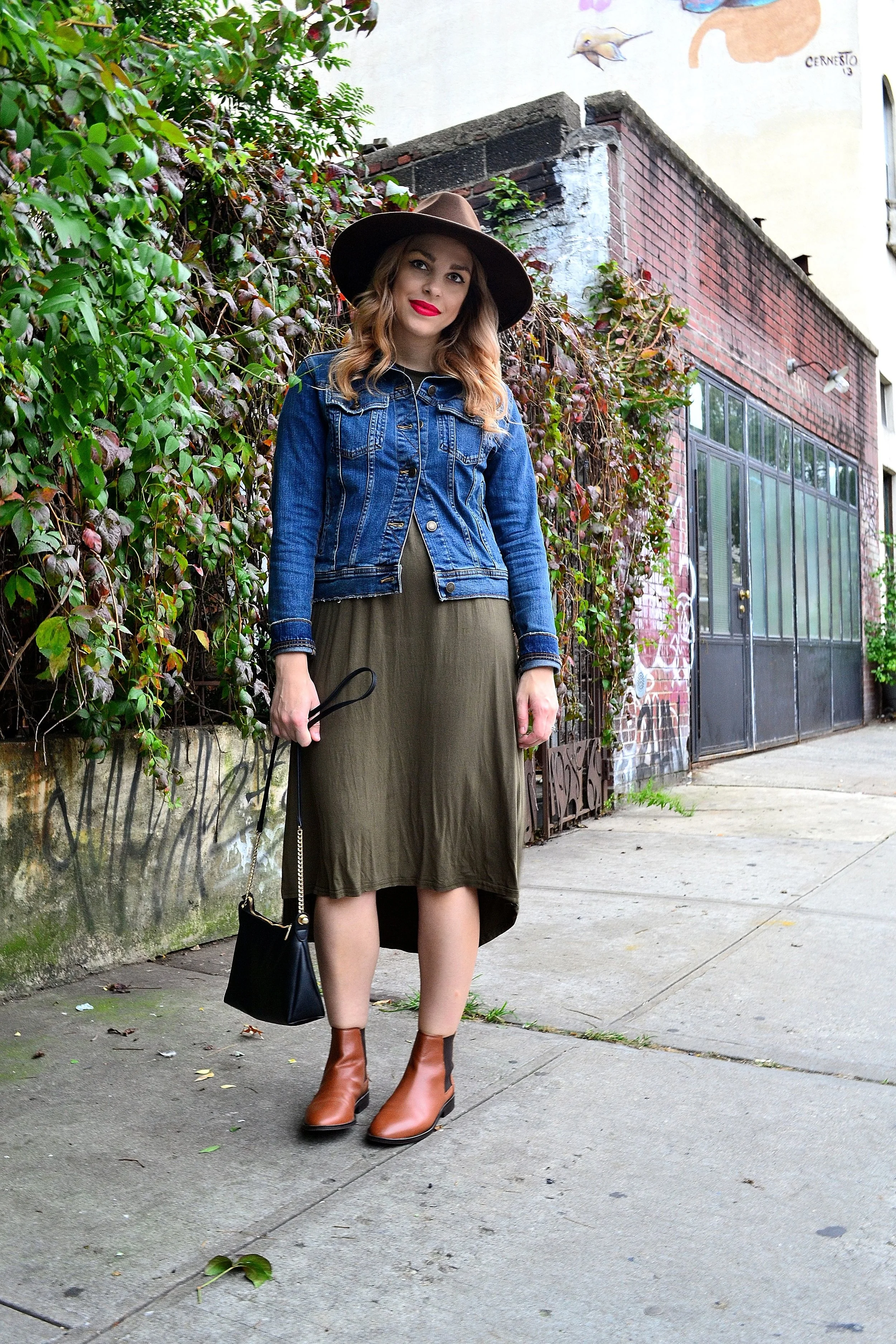 dress- Amazon , denim jacket- Zara , hat- Goorin Brothers, booties- ASOS , purse- H&M
