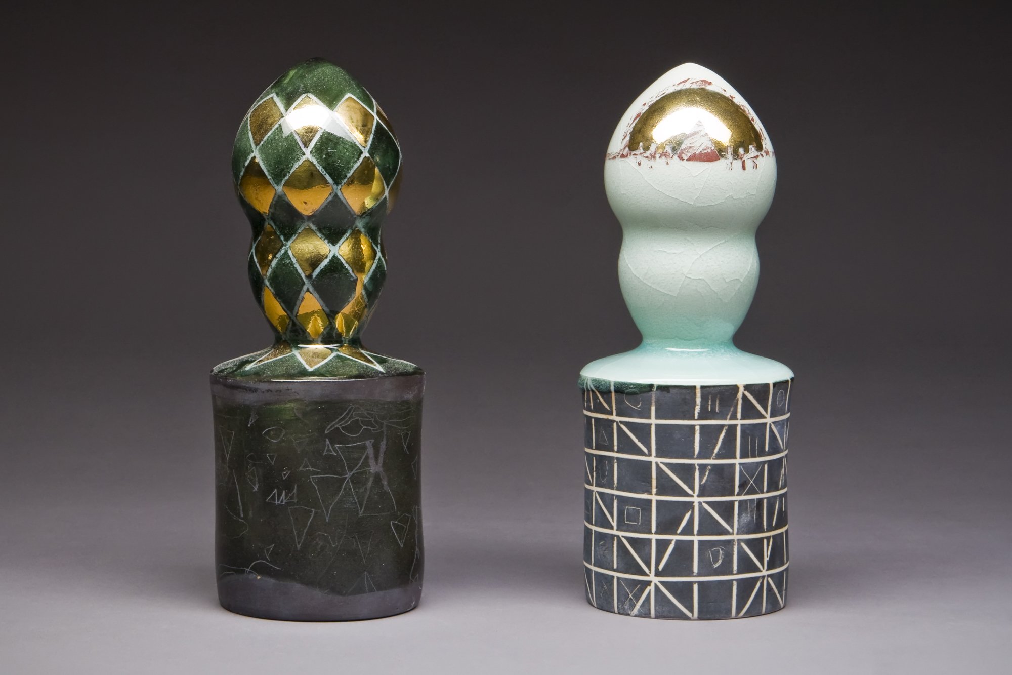  Spirit Killers Ceramic, Gold luster, Silver luster 7” x 3” x 3” (each) 2010 Photo Credit: Jim Walker  