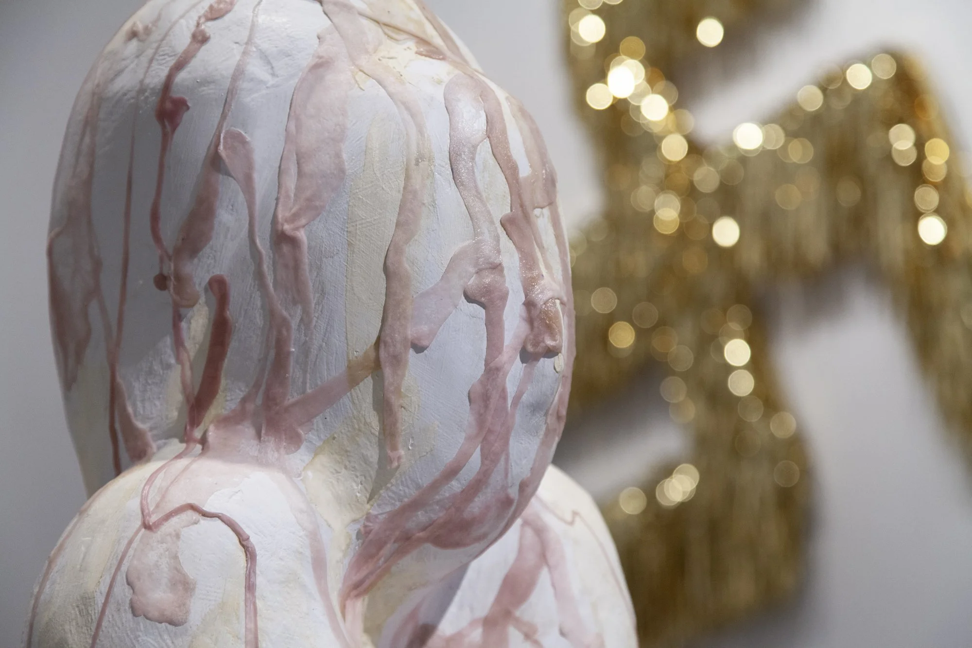  Gum Girl Ceramic, Epoxy, Plaster, Water putty, Plaster, Paint, Gum, Pea gravel, Advesive 65”x 21”x 16” 2015  All Is Well Foam, Epoxy, Tassels, Glue, Motor, Plywood 58” x 58” x 5” 2015  