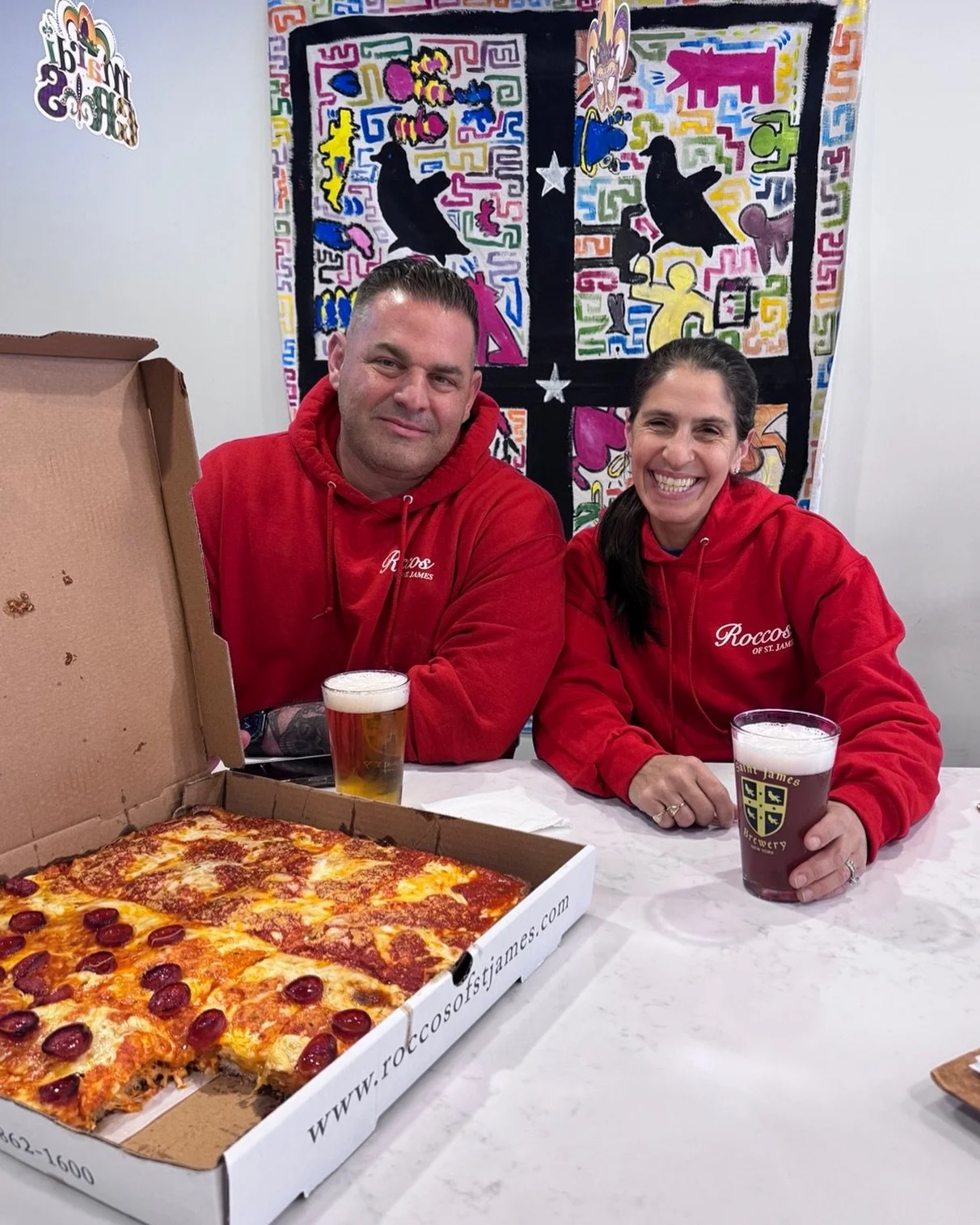 Sunday vibes, local style. 🍕🍺

Rachel from Saint James Brewery and Pat, owner of Rocco&rsquo;s, getting together to celebrate what we both care about most&mdash;supporting local.

Great beer. Great pizza. Great people.

We&rsquo;ve got some fun thi