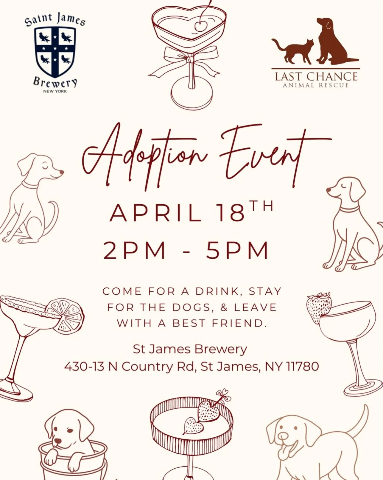 Dog Adoption time! Come out Saturday and enjoy the beautiful weather! Tent will be up. 

See you in St James!
