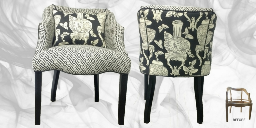 Kalli George Interiors custom furniture - chair with graphic pattern fabric - black legs.jpeg