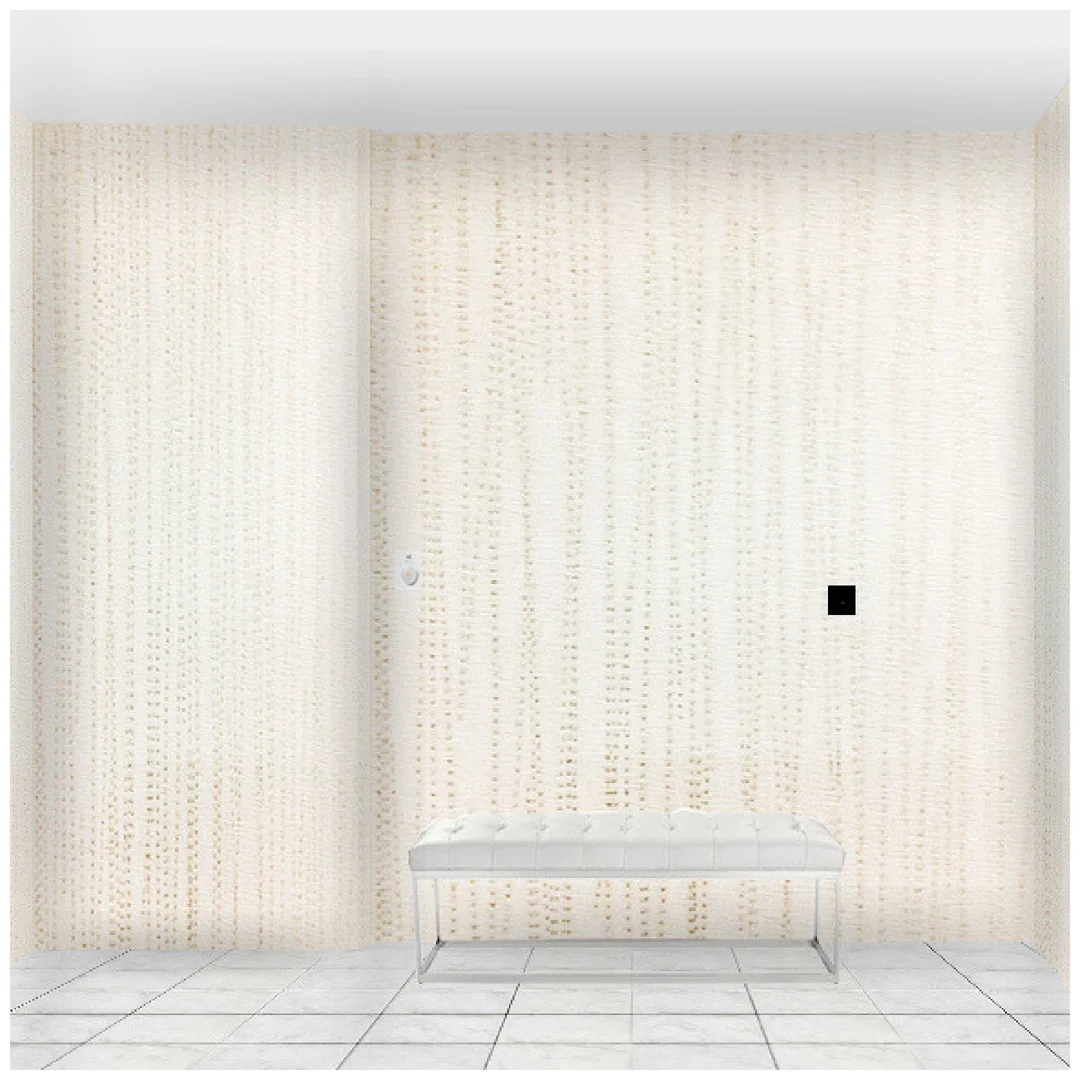 Toronto condo lobby with wallpaper and white leather bench.jpeg