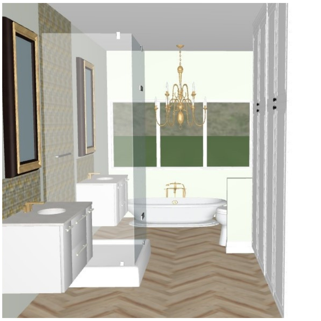 Bathroom design with glass shower and two vanities
