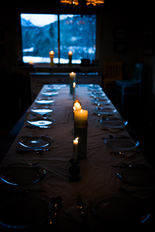 Beautiful color photo of dining table set for dinner.