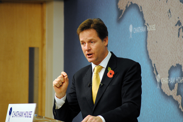 Nick Clegg's Decision to Join the Conservatives in a coalition government was controversial in 2010 and has Cost his party dearly. Chatham House via Flickr CC