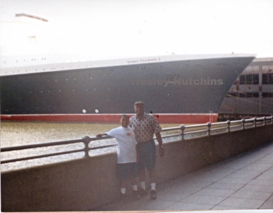 My father and I at the New York City Passenger Ship Terminal with the QE2 in 2001. (Wesley Hutchins)
