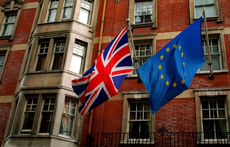 Britain's Union Flag and the EU Flag. Image Credit: Dave Kellam via Flickr CC