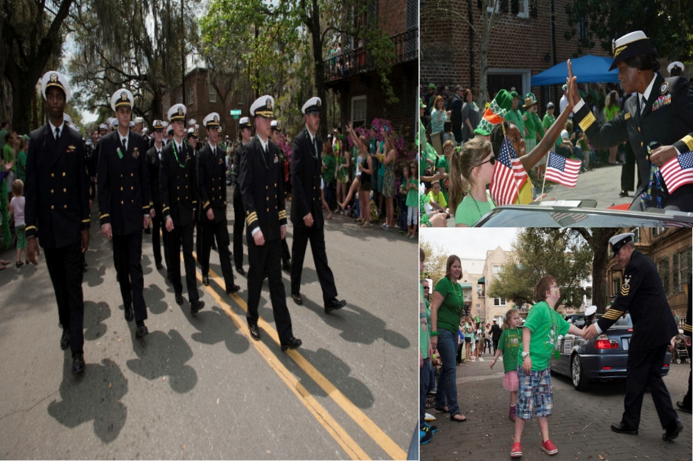 Sailors of the US Navy marching through the streets of Savannah during a St. Patrick's Day parade. Image Credit: Public Domain ( Left , Upper Right , Lower Right )
