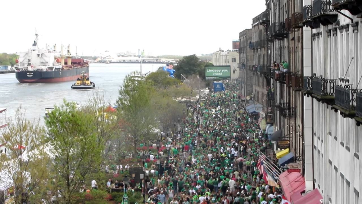 Throngs of people on River Street in Savannah for St. Patrick's Day.