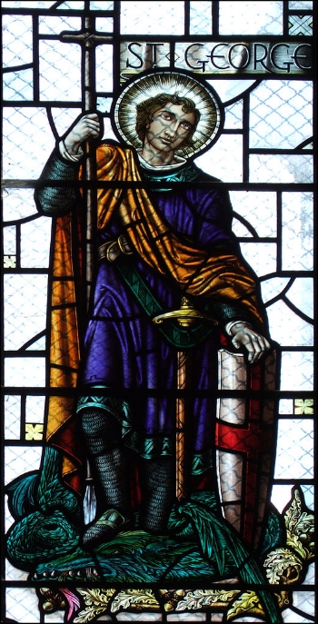 Stained-Glass image of St. George at The Church of St Mary the Virgin, South Darley, Derbyshire. Image Credit: St George via Wikimedia Commons cc