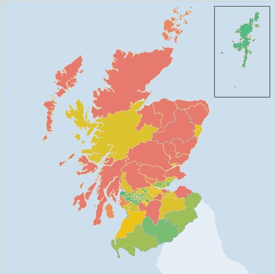 The changes in support for the SNP from 2011 to this year's election. Greener areas indicateincreases in support; redder areas indicate decreases in support. The biggest decreases came from the northeast and Tayside. Image Credit: BBC; Graphics modificationand overlay by Stephen McGroarty
