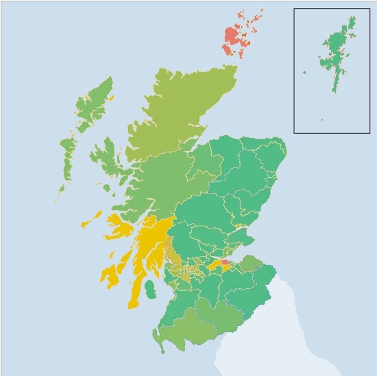 The changes in support for the Conservatives from 2011 to this year's election. Greener areas indicateincreases in support; redder areas indicate decreases in support. Almost all Constituencies had an increase in Tory Support, especially in the Northeast and Tayside against the SNP. Image Credit: BBC; Graphics modificationand overlay by Stephen McGroarty