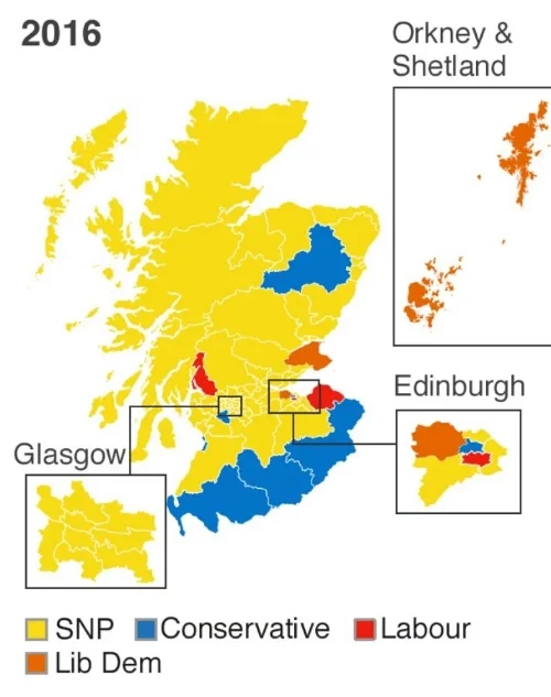 2016 Holyrood election Map, with detail of Glasgow and Edinburgh. Image Source: BBC