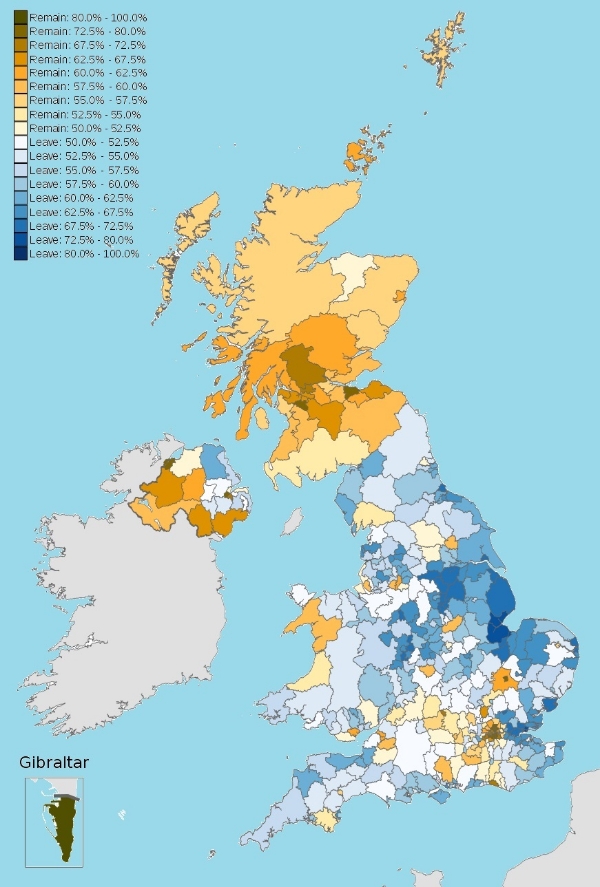 Map of the United Kingdom displaying the results of the EU referendum via the strength of the Remain/Leave vote in each county/council area. Image Credit: Mirrorme22 via Wikimedia Commons cc