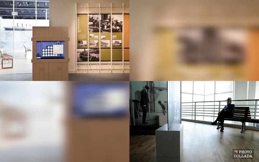 Gallery featuring Father Browne's collection of photos and deck benches with views of the harbor and atrium, as if on Titanic herself. Image Credit: Titanic Belfast ( Top Left and Bottom Right ) via Flickr CC