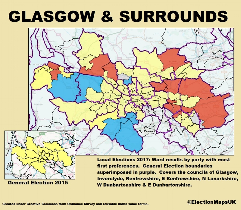 Inverclyde, Paisley and Renfrewshire North, Paisley and Renfrewshire South, East Renfrewshire, West Dunbartonshire, East Dunbartonshire, Glasgow (North West, South West, North, South, Central, North East, and East), Cumbernauld , Kilsyth and Kirkintilloch East, Coatbridge, Chryston and Bellshill, and Airdrie and Shotts. Image Credit: @ElectionMapsUK on Twitter