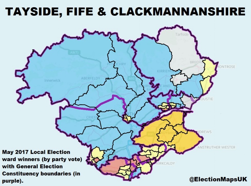 Perth and North Perthshire, Ochil and South Perthshire, Dunfermline and West Fife, Kirkcaldy and Cowdenbeath, Glenrothes, North East Fife, Dundee West, Dundee East, and Angus. Image Credit: @ElectionMapsUK on Twitter
