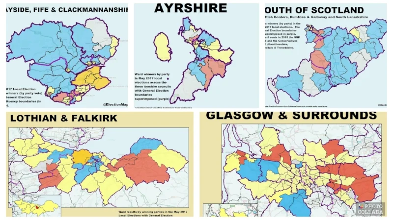 Maps of some Scottish council area's with UK parliamentary constituency boundaries superimposed over them. Image Credit: @ElectionMapsUK