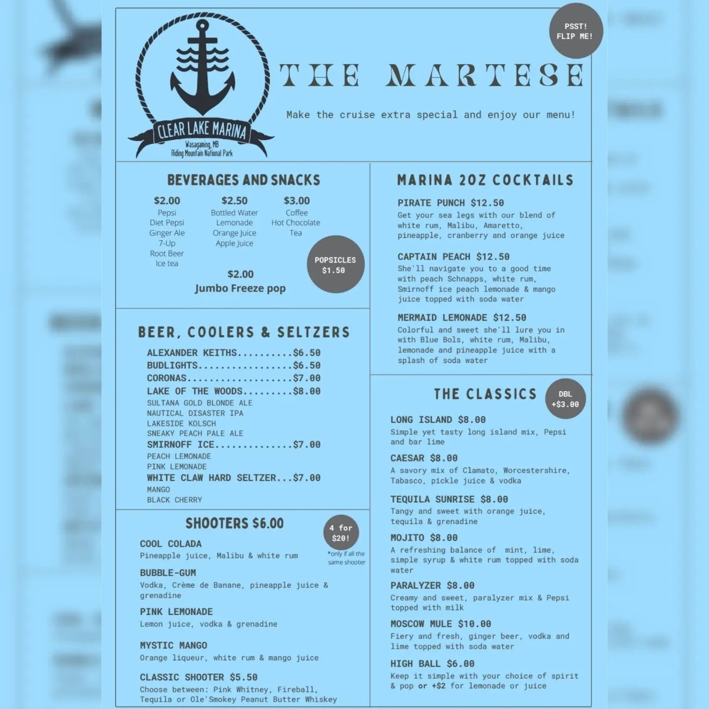 The Martese and her crew! 
🍹⛴️🍹⚓️🍹
Our brand new menu is up and running at full potential for your enjoyment!! 
🍹⛴️🍹⚓️🍹
Don't forget to flip the menu and see our &quot;on ship&quot; made finger food! Perfect for an afternoon snack or to share i