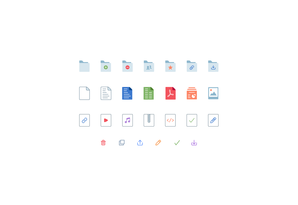 For the Edmodo Library redesign we also looked at how we can scale and improve our existing file type iconography. This includes all folder types, file types, and secondary action iconography. Originally we made one similar to our illustration styling however later realized detail got lossed when scaled down and therefore became dirty to overall look and feel. This lead as down the path of how we can simplify styling as much as possible Which is shown here.