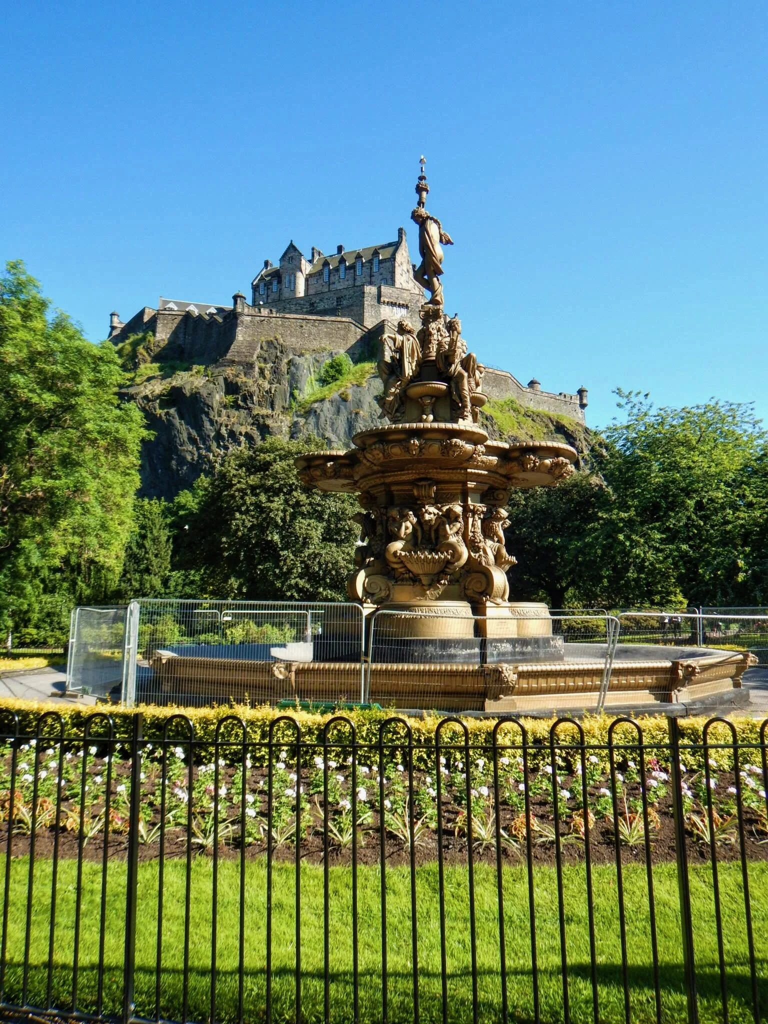 The Ross Fountain (with Edinburgh Castle in the background) was produced by the foundry of Antoine Durenne for the Great London Exposition in 1862 but has called Princes Street Gardens home since 1872. While we were there, more repairs were being done to maintain the integrity of the fountain.
