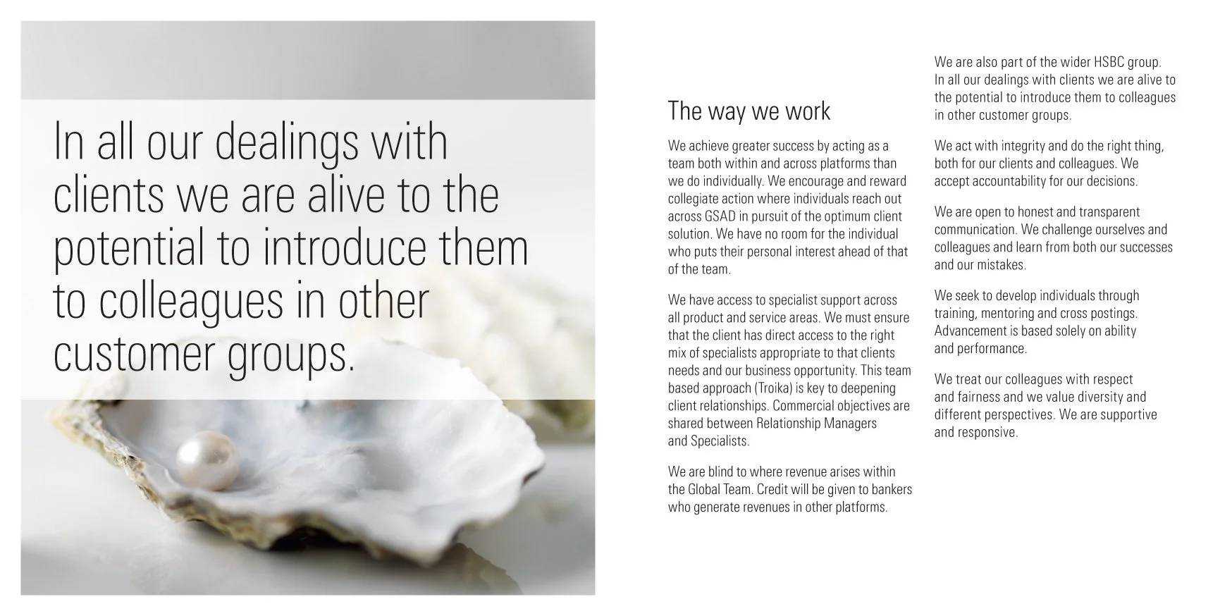 A pearl in an oyster shell on an inside spread of the square brochure for HSBC Private Bank