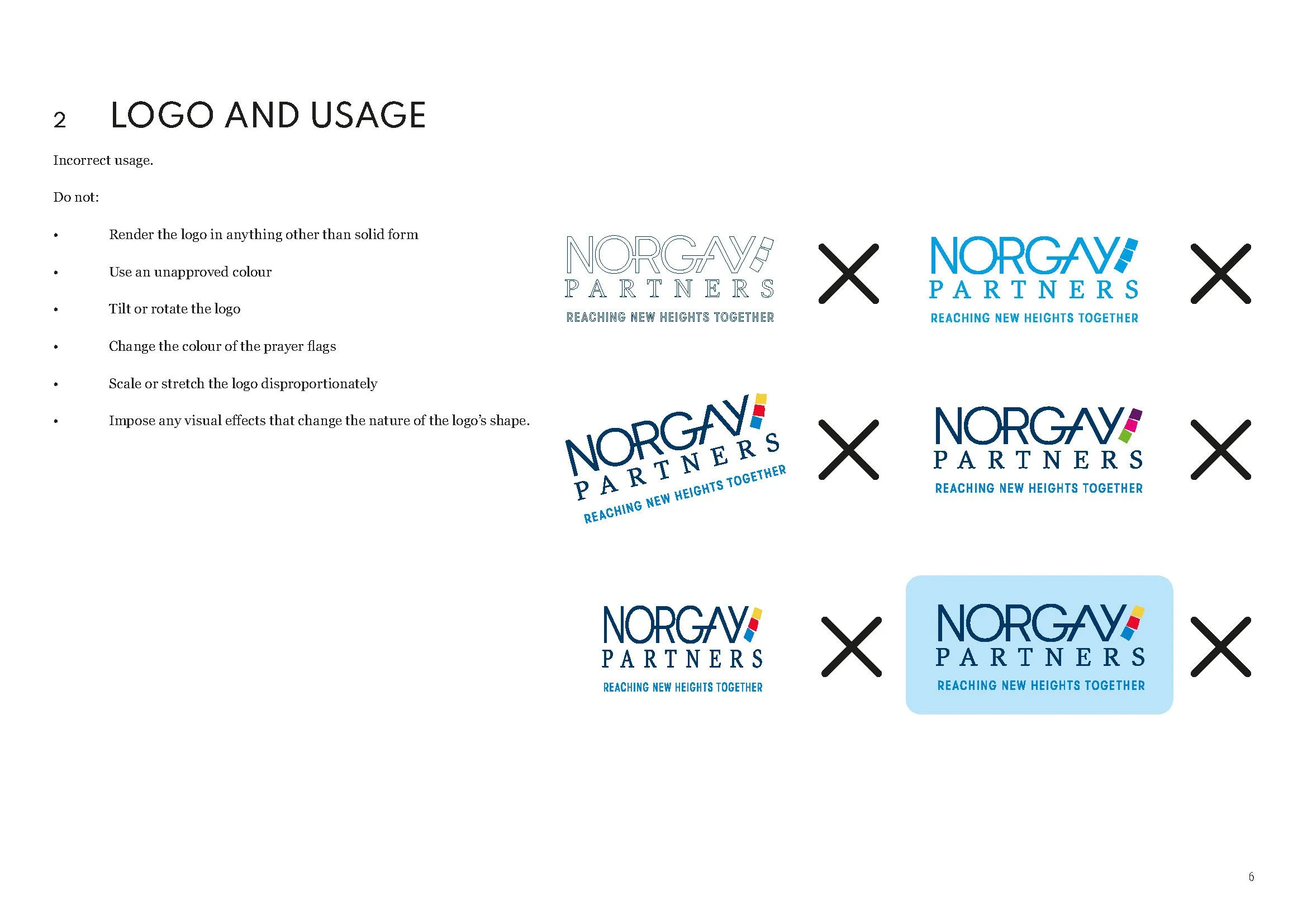 A page from the Norgay Partners brand guidelines showing incorrect usage