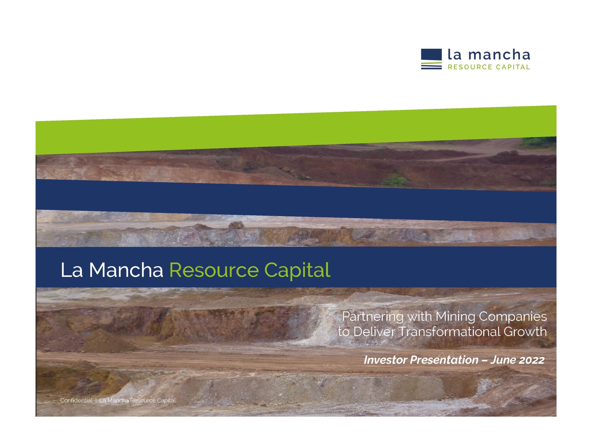 Cover slide from La Mancha investor presentation with brand colours juxtaposed over layers of an open-pit mine