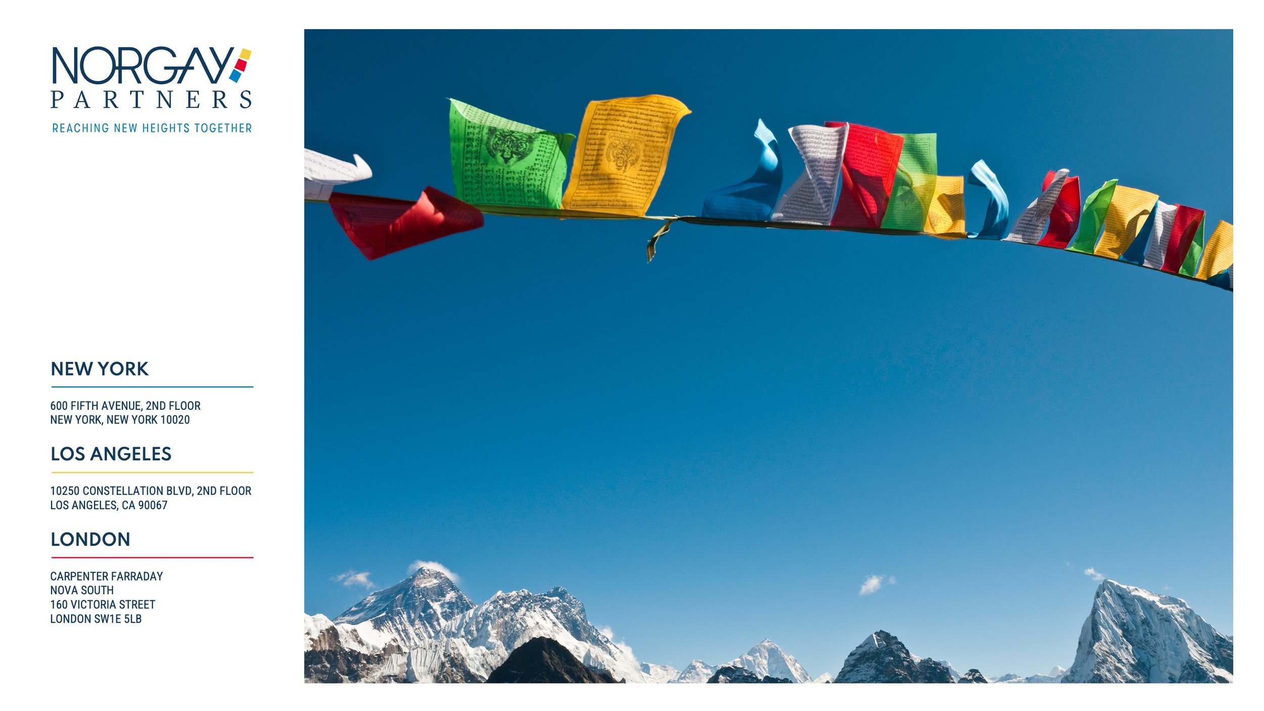 Norgay Partners slide listing office locations - New York in blue, Los Angeles in yellow and London in Red