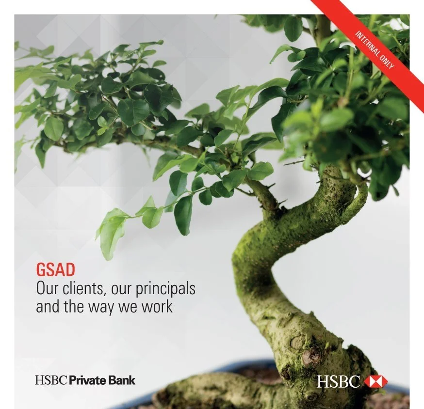A bonsai tree on the cover of a square brochure for HSBC Private Bank