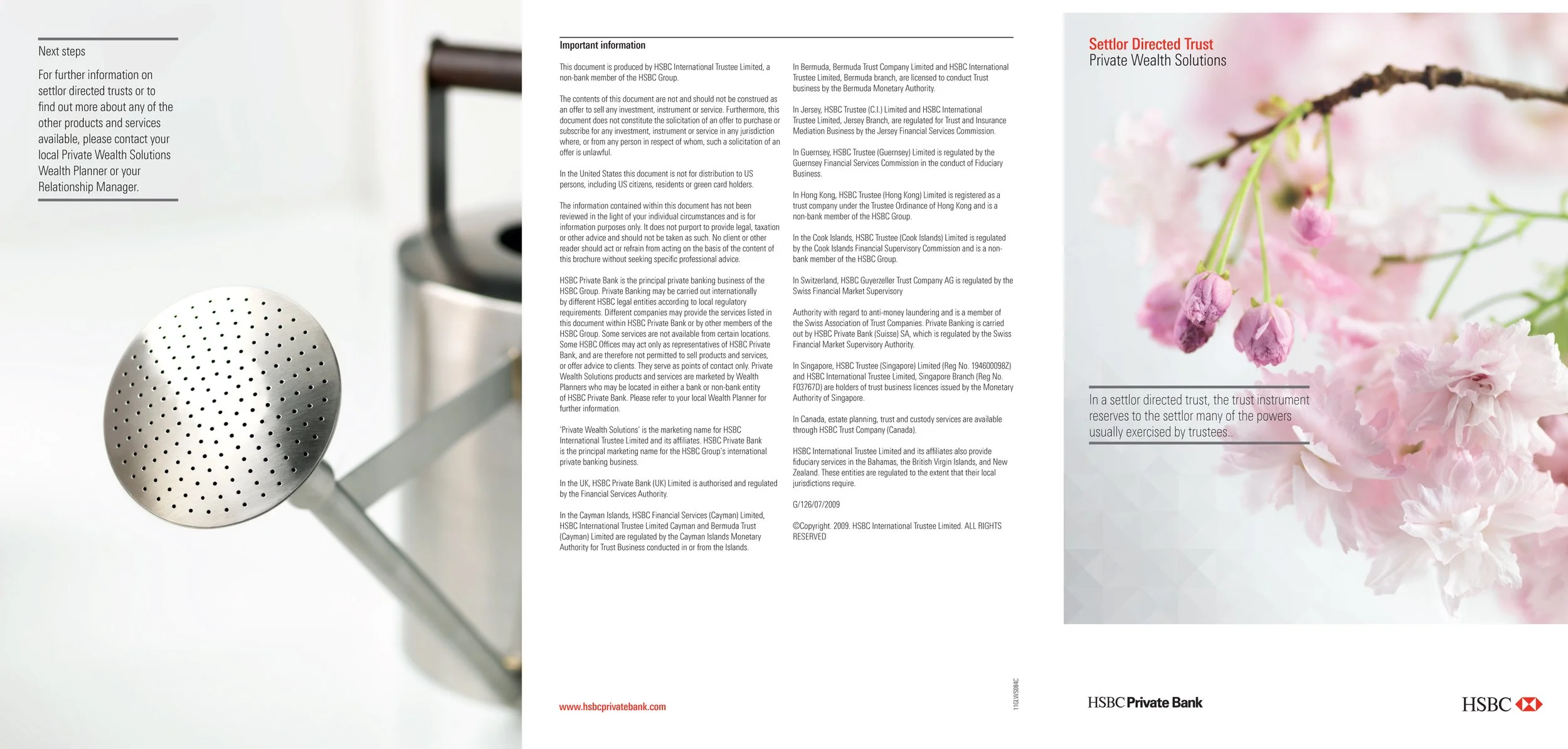 Triple-page layout for HSBC Private Bank with a close-up of cherry blossoms and the end of a metal watering can