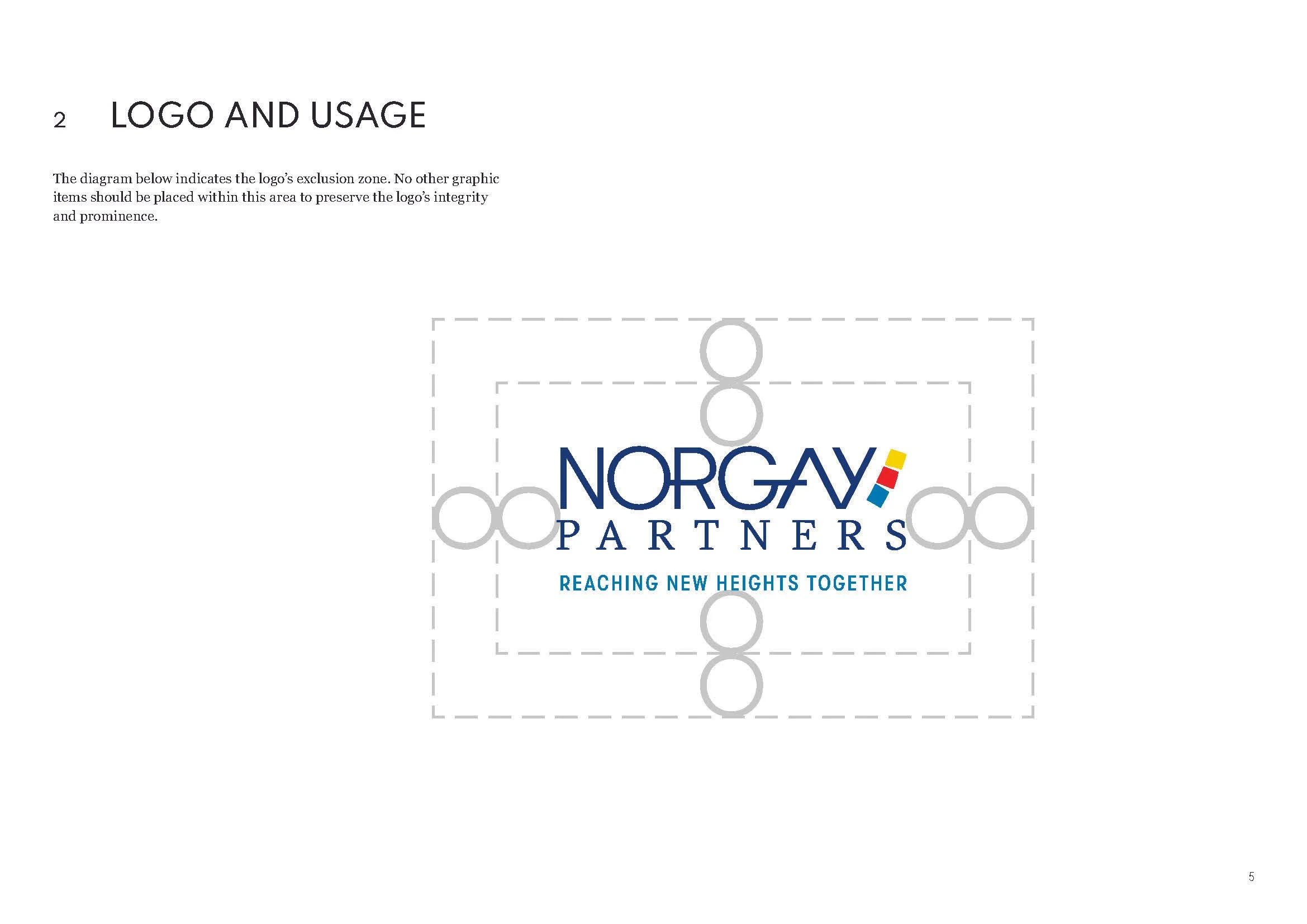 A page from the Norgay Partners brand guidelines showing logo exclusion zone