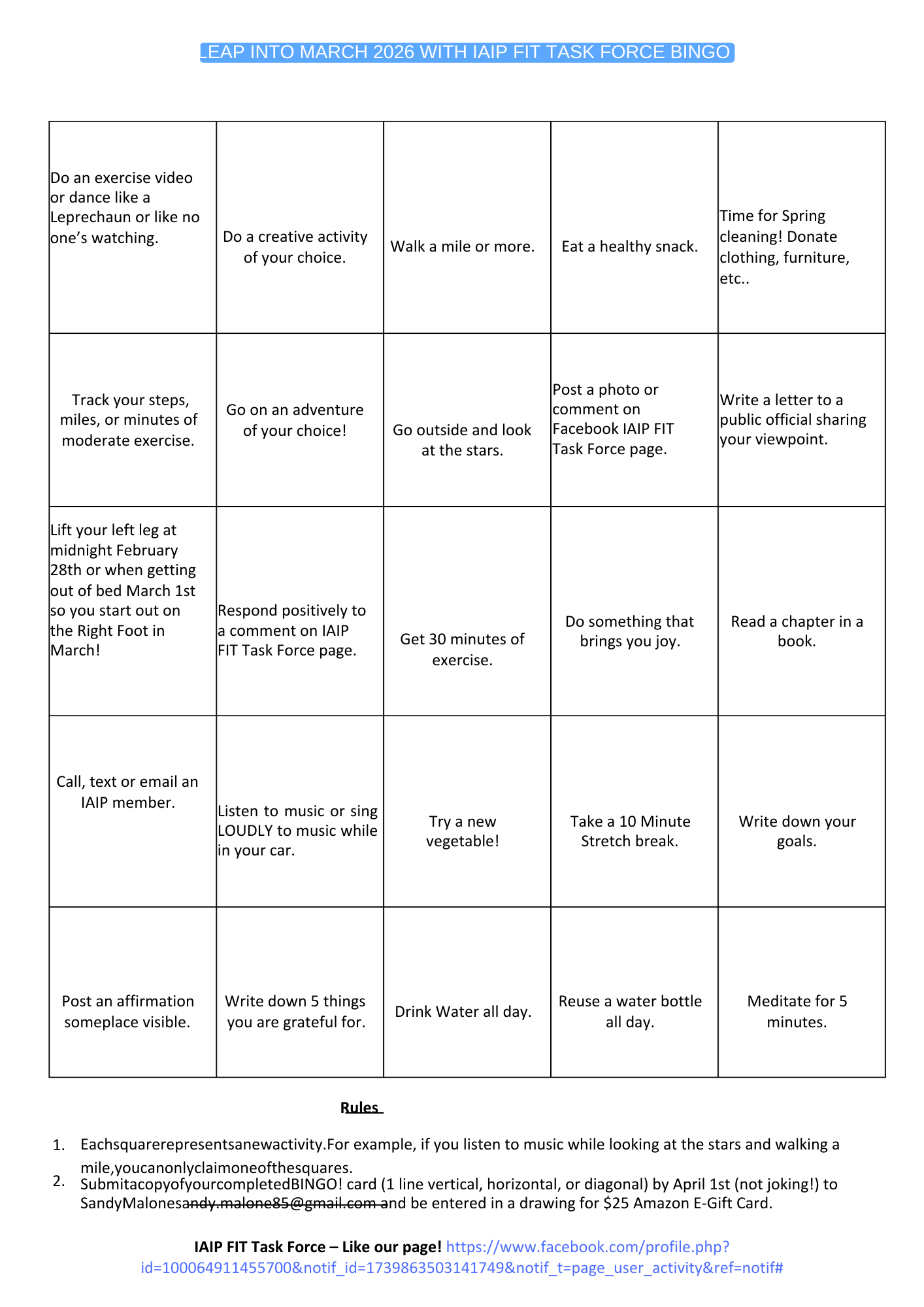 IAIP Fit Task Force March Bingo