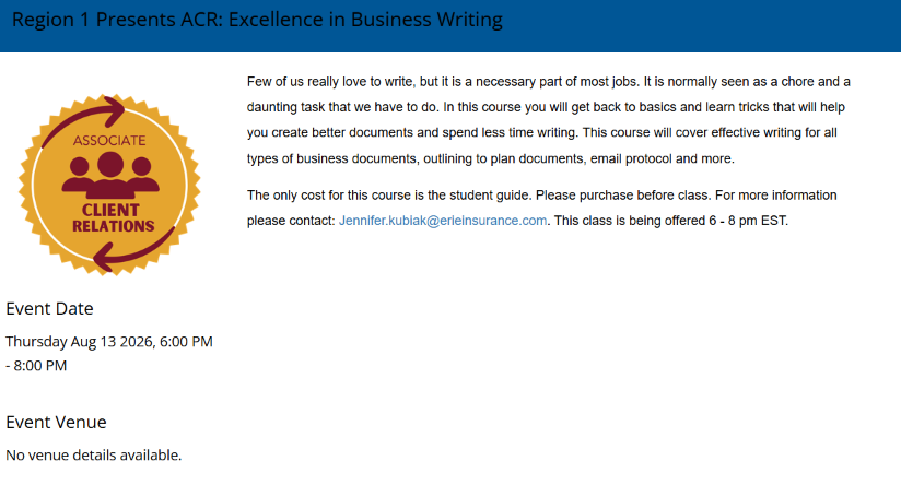 Region 1 Presents ACR: Excellence in Business Writing 3-5 PST - 6-8 EST