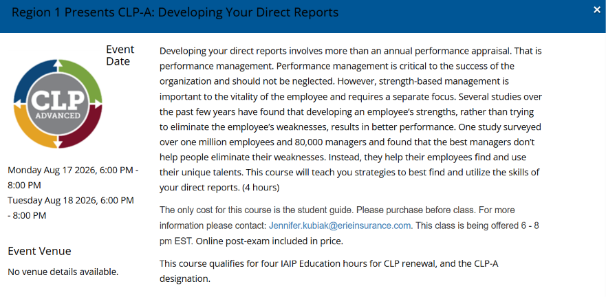 Region 1 Presents CLP-A: Developing Your Direct Report - two part class 3-5 PST 6-8 EST