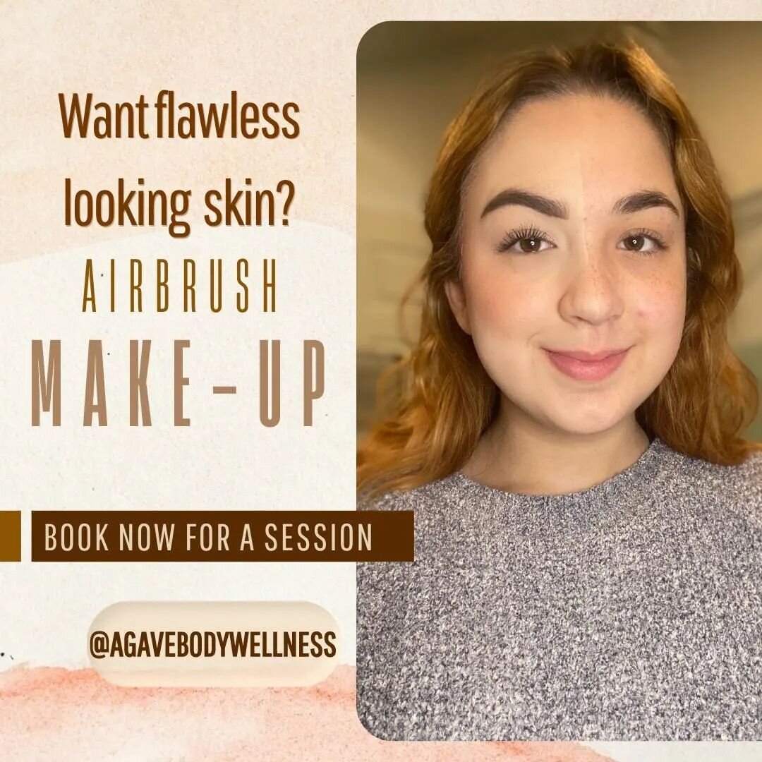 Here at Agave Body wellness we offer airbrush makeup that's suitable for all skin types, textures, and tones! As you can see, airbrush makeup leaves your skin looking blurred, bright, and free of imperfections.  This makeup is perfect for any special