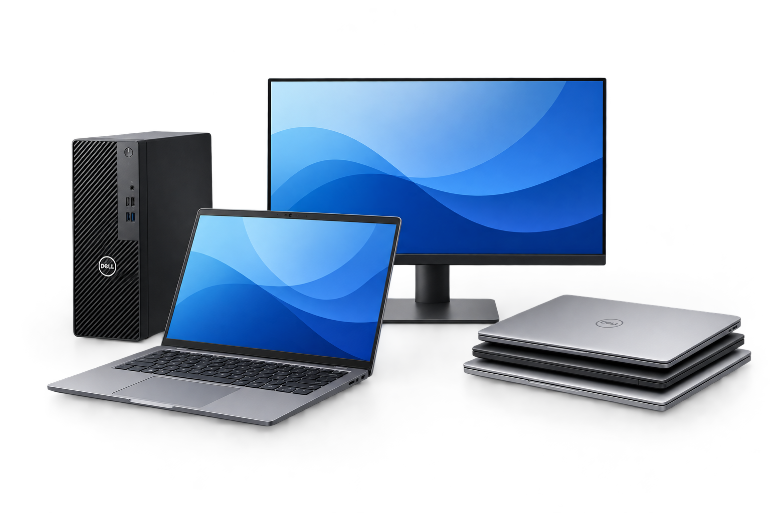 Business-class laptops, desktops, and monitor for computer sourcing and setup.